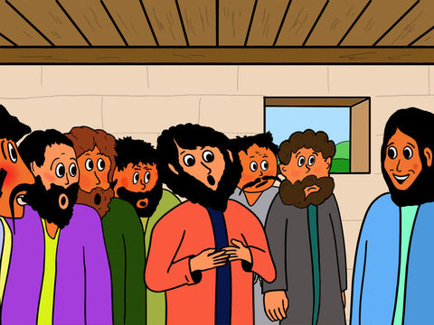 Alors soudain, bien que les portes soient fermées, Jésus se tint au milieu des disciples. Jésus leur montra ses plaies sur les mains et sur les pieds, dus aux clous sur la croix. Il était vivant! – Numéro de diapositive 22