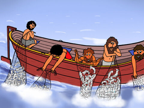 Ils obéirent. Et quand ils jetèrent le filet du côté droit de la barque, il se remplit aussitôt de gros poissons. Oh! comme ils étaient heureux. – Numéro de diapositive 28