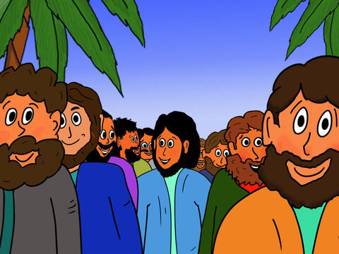 Après la Pâque, Jésus apparut pendant 40 jours à ses disciples. À un moment donné, Jésus apparut à cinq-cents disciples à la fois et parla avec eux. Jésus leur commanda d’aller par tout le monde et de prêcher son message de la  Bonne Nouvelle. Après les 40 jours, Jésus fut enlevé au ciel en présence des disciples. – Numéro de diapositive 31