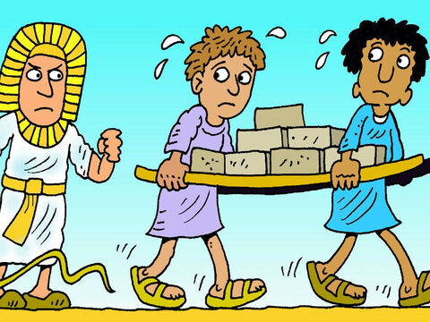 Les enfants d’Israël devinrent très nombreux et très puissants, et ils devaient travailler dur pour le pharaon. Le pharaon dit: “Je vais supprimer tous les bébés mâles avant que les Israélites ne soient plus puissants que moi.” – Numéro de diapositive 1