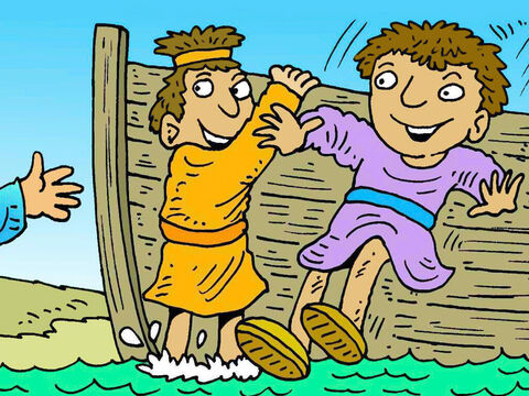 Jacques et Jean se trouvaient sur leur bateau, sur la mer de Galilée, en train de pêcher avec Zébédée leur père, quand Jésus les appela à sa suite. Aussitôt, il choisirent de partir. – Numéro de diapositive 3