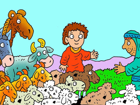 Jacob envoya ses serviteurs en avant avec plusieurs troupeaux d’animaux comme cadeaux pour Esaü : des chameaux, des chèvres, des moutons, des vaches et des ânes, tous avec leurs bébés. – Numéro de diapositive 6
