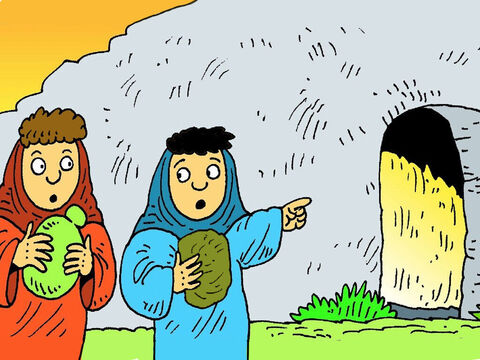 Elles furent très surprises quand elles arrivèrent. La pierre avait été roulée de l’entrée du tombeau et les soldats étaient tous partis! – Numéro de diapositive 6