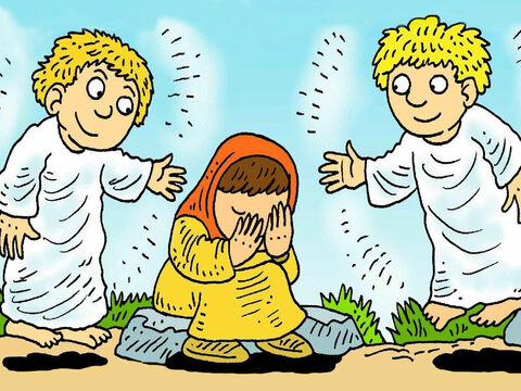 Marie était restée au tombeau, et pleurait. Deux anges lui demandèrent: “Pourquoi pleures- tu?” Elle dit: “Ils ont emmené Jésus, et je ne sais pas où ils l’ont mis.” – Numéro de diapositive 4