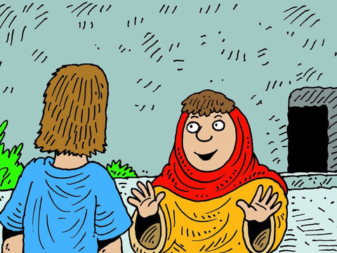 Jésus, le Fils de Dieu, mourut et resta dans la tombe durant trois jours et trois nuits. Mais très tôt le dimanche matin, il est ressuscité des morts et a été vu par Marie de Magdala. – Numéro de diapositive 2