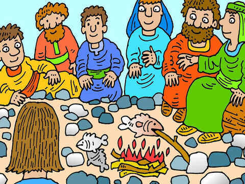 Peu de temps après, un matin, sept des disciples de Jésus revenaient d’une nuit passée à pêcher, et ils virent Jésus qui cuisait du poisson sur un brasier, sur la plage. Ils prirent le petit déjeuner avec lui. Jésus était vraiment vivant! – Numéro de diapositive 6
