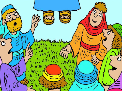Quand Jésus retourna au ciel vers son Père, onze de ses disciples le regardèrent s’en aller. Un grand nombre de personnes virent ces choses de leurs propres yeux et nous attestent que oui, Jésus est vivant! – Numéro de diapositive 8
