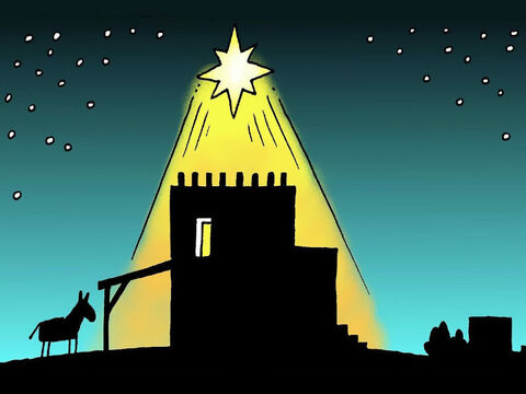 Cette nuit-là, le bébé Jésus, le Sauveur promis, naquit dans une étable à Bethléhem. Une étoile très brillante apparut dans le ciel juste au dessus de l’endroit où il était né. – Numéro de diapositive 7