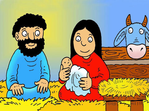 Joseph et Marie appelèrent l’enfant Jésus, exactement selon ce que leur avait dit l’ange Gabriel. Ils l’enveloppèrent dans des langes de lin et lui firent un lit dans la mangeoire de fourrage. – Numéro de diapositive 8