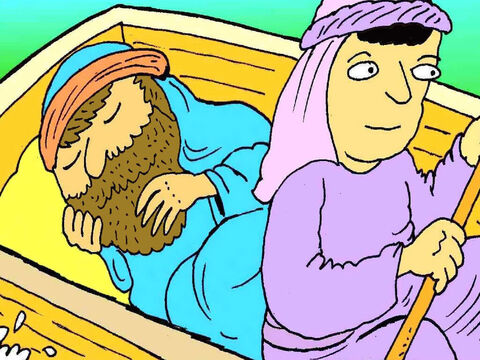 Jésus avait été bien occupé toute la journée, enseignant les gens sur Dieu, et il était très fatigué. Il se coucha et s’endormit. – Numéro de diapositive 3