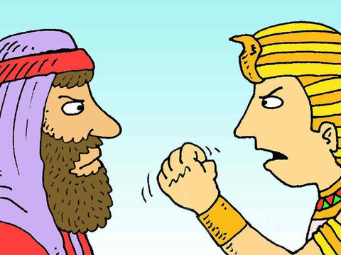 “Dieu m’a envoyé pour te dire de laisser partir le peuple de Dieu”, dit Moïse au pharaon. “Non! Ce sont mes meilleurs ouvriers, dit le pharaon. Je ne les laisserai pas partir.” – Numéro de diapositive 3
