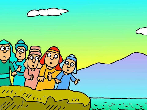 Le peuple arriva à la mer Route. L’eau était profonde et ils ne pouvaient traverser. Les soldats étaient près d’arriver, et le peuple ne savait que faire. – Numéro de diapositive 6