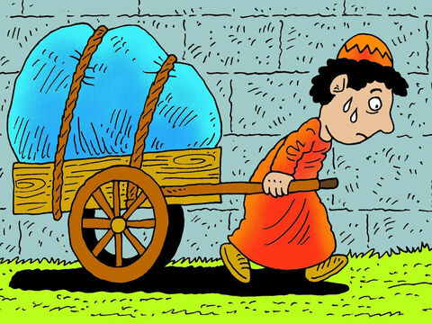 Imagine un homme qui tire une grosse et lourde charge. Il désire entrer dans le Royaume de Dieu de l’autre côté d’un mur, mais il doit trouver la porte. – Numéro de diapositive 2