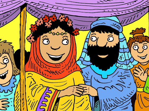 Boaz et Ruth se marièrent. Leurs amis firent cette prière : que Dieux soient toujours avec Ruth et Boaz. Que Dieu leur donne des enfants pour que la famille perdure. – Numéro de diapositive 6