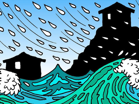 Une grosse tempête est arrivée. Il pleuvait et pleuvait encore. Le niveau d’eau s’élevait de plus en plus et l’eau s’abattait sur les maisons. – Numéro de diapositive 4