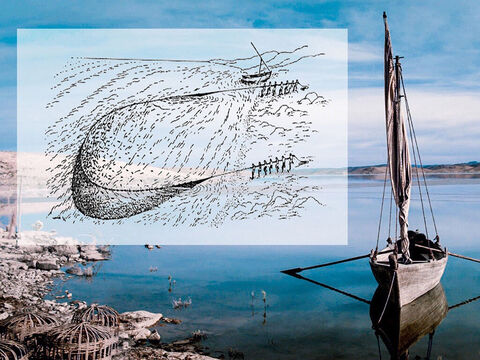 Les filets traînants pouvaient également être utilisés par une équipe sur terre, tandis que d'autres utilisaient un bateau pour ramer le filet jusqu'à la mer. Le bateau était ensuite ramené en cercle jusqu'au rivage, piégeant tout poisson pris dans la boucle. Les filets étaient ensuite remontés depuis le rivage. – Numéro de diapositive 20