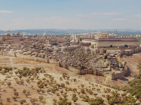 Vue globale de Jérusalem depuis le sud, avec la vallée de Hinnom à l’avant-plan, et la vallée du Cédron sur la droite. Le temple est sur la droite et la ville haute, où vivaient les riches, est sur la gauche. Les tours de la forteresse Antonia se trouvent à l’angle nord-ouest du temple. – Numéro de diapositive 3