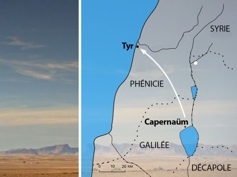 Jésus et ses disciples quittèrent la région de la Galilée et se rendirent dans une région étrangère de Syrie et de Phénicie, près de Tyr. – Numéro de diapositive 1