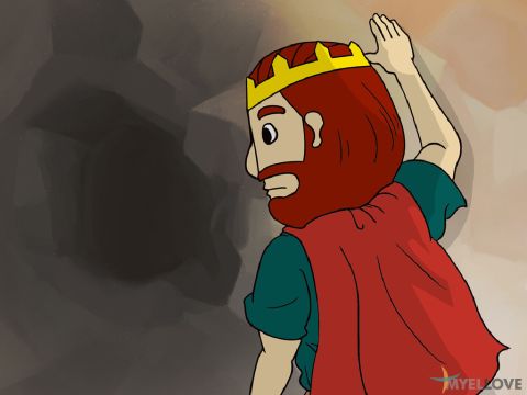 Le roi Saul entra dans une grotte, mais il ignorait que David et ses hommes se cachaient au fond. Il retira son manteau pour se reposer un moment. – Numéro de diapositive 2