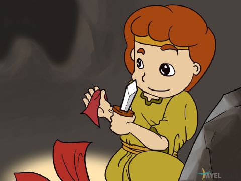 Puis il murmura à ses hommes : “ Saul est le roi que Dieu a établi et je ne dois rien lui faire de mal.” David ne permit pas non plus à ses hommes de faire du mal au roi Saul.<br/>Saul quitta la grotte sans savoir que David lui avait épargné la vie. – Numéro de diapositive 4