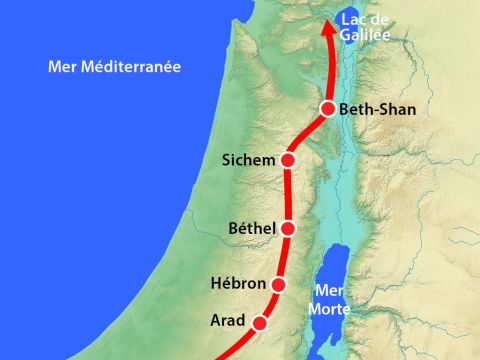 Ils allèrent vers le nord à travers les montagnes, où vivaient les Hétiens, les Jébusiens et les Amoréens, puis vers le Jourdain et la mer de Galilée où ils virent les Cananéens. – Numéro de diapositive 7