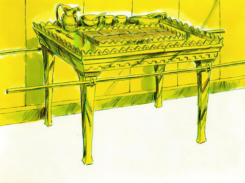 Exode 37:10–16. On fit une table de bois d’acacia recouverte d’or pour le lieu saint. Elle aussi disposait de barres couvertes d’or pour la porter. Elle était assortie de plats, de coupes, de calices et de tasses, tous en or. Chaque semaine, on plaçait sur la table douze pains représentant les douze tribus d’Israël. – Numéro de diapositive 17