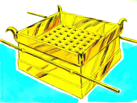 Exode 38:1–7. On fit un autel carré, de bois d’acacia couvert de bronze, qui était placé dans le parvis. À chaque coin se trouvait une corne de bronze. Deux barres couvertes de bronze servaient à le porter. – Numéro de diapositive 21