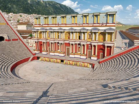 La foule entraîna Gaïus et Aristarque dans l'amphithéâtre de 25.000 places. Voici une reconstitution de ce à quoi il ressemblait. Les Juifs de la foule ont poussé Alexandre à l’avant pour qu’il se défende devant le peuple, mais la foule s’est mise à crier pendant deux heures: «Grande est l'Artémis des Ephésiens!» Finalement, le secrétaire de la ville fit taire la foule et renvoya l'assemblée.» (Actes 19:23-41) – Numéro de diapositive 15