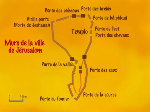 Il commença depuis la Porte de la Vallée pour se diriger vers la Porte du Fumier. Les murailles étaient en ruines et les portes étaient consumées par le feu. Bientôt, il trouva le chemin obstrué par des décombres et il dut faire un détour pour inspecter le reste des murailles en ruines. – Numéro de diapositive 12