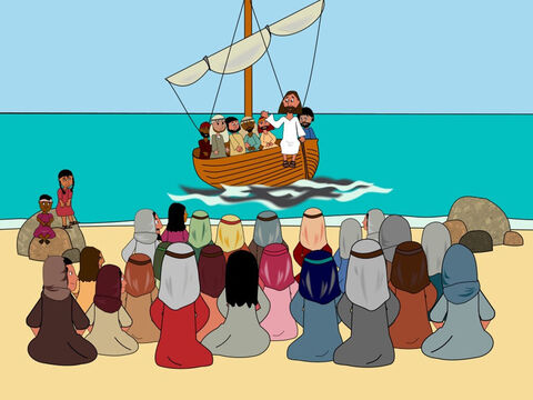 Un jour, Jésus enseignait aux gens et ils étaient si nombreux qu'Il dut monter dans un bateau alors que la foule était assise sur le rivage. Jésus leur parlait tandis que le bateau se balançait sur l'eau. – Numéro de diapositive 1