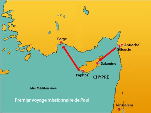 Paul, Barnabas et Marc avaient embarqué sur un navire à Paphos sur l'île de Chypre. Ils rejoignirent le port de Perge. – Numéro de diapositive 1