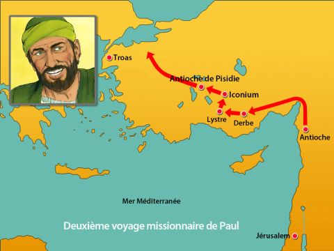 Empêchés par le Saint-Esprit d'annoncer la parole en Asie, ils traversèrent la Phrygie et la Galatie. Arrivés près de la Mysie, ils se préparaient à entrer en Bithynie, mais l'Esprit de Jésus ne le leur permit pas. – Numéro de diapositive 9