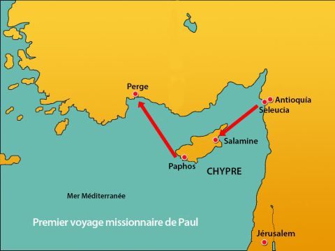 A Paphos, Paul, Barnabas et Marc embarquèrent pour se rendre à Perge et continuer leur voyage. – Numéro de diapositive 19