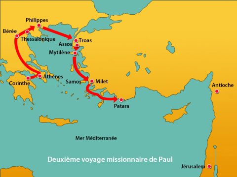 Après avoir fait ses adieux aux anciens d'Ephèse, Paul prit la mer pour aller directement à l'île de Cos, puis le lendemain à Rhodes, et de là à Patara. – Numéro de diapositive 1