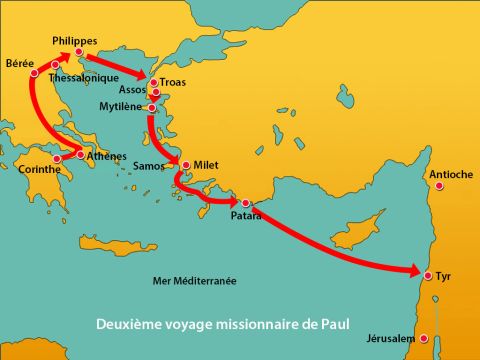 Arrivés en vue de l'île de Chypre, ils la laissèrent sur leur gauche, poursuivant leur route du côté de la Syrie pour débarquer à Tyr. Le bateau devait en effet décharger sa cargaison dans ce port. – Numéro de diapositive 3
