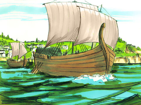 Ayant trouvé un bateau qui faisait la traversée vers la Phénicie, Paul et ses compagnons montèrent à bord et ils partirent. – Numéro de diapositive 2
