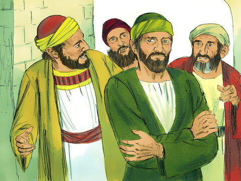 Paul et ses compagnons débarquèrent à terre et allèrent trouver les croyants locaux. Ils restèrent avec eux une semaine. Ces croyants prophétisèrent par le Saint-Esprit que Paul ne devrait pas se rendre à Jérusalem. – Numéro de diapositive 4