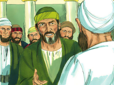 Paul accepta, et le lendemain, il se rendit au Temple avec les quatre hommes. Il annonça publiquement la date à laquelle leurs vœux prendraient fin et où des sacrifices seraient offerts pour chacun d'entre eux. Paul leur montra son soutien en payant les dépenses nécessaires pour avoir la tête rituellement rasée. (Pour la suite du récit, consultez: "Paul fait face à une émeute à Jérusalem" sur notre site) – Numéro de diapositive 16