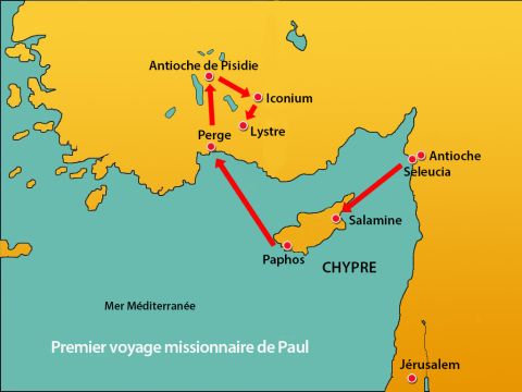 Après avoir fui Iconium, Paul et Barnabas voyagèrent vers le sud, vers la ville de Lystre. – Numéro de diapositive 1