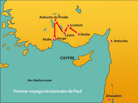 Ensuite, ils refirent le chemin inverse, encourageant et enseignant ceux qui étaient devenus chrétiens à persévérer dans la foi. Ils leur rappelèrent qu'ils devaient subir de nombreuses difficultés pour entrer dans le Royaume de Dieu. Paul et Barnabas nommèrent des anciens dans chaque nouvelle Eglise pour les diriger. – Numéro de diapositive 10