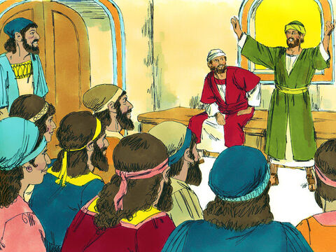 Après leur arrivée, Paul et Barnabas réunirent l'Eglise et racontèrent tout ce que Dieu avait fait avec eux et comment il avait ouvert la porte de la foi aux non-Juifs. Ils restèrent assez longtemps avec les disciples à Antioche, les encourageant. – Numéro de diapositive 13