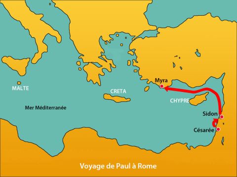 Partis de là, ils longèrent l'île de Chypre, parce que les vents étaient contraires. Après avoir traversé la mer qui baigne la Cilicie et la Pamphylie, ils arrivèrent à Myra en Lycie. – Numéro de diapositive 3