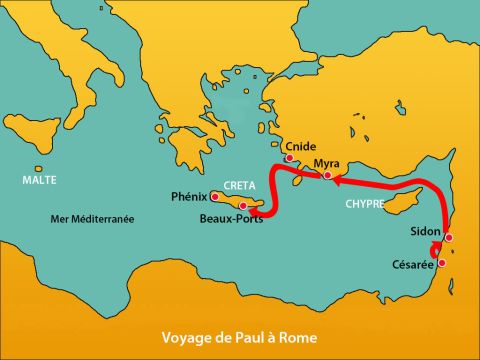 Cependant, le vent ne leur permit pas d'aborder. Ils naviguèrent au sud de la Crète et arrivèrent à Beaux-Ports. – Numéro de diapositive 6