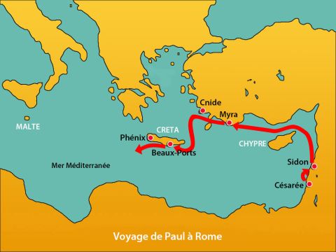 Comme le port n'était pas approprié pour hiverner, la plupart était d'avis de le quitter pour essayer d'atteindre Phénix, un port de Crète plus à l'abri, afin d'y passer l'hiver. Ils levèrent l'ancre et longèrent de près l'île de Crète. Mais bientôt un vent violent, qu'on appelle Euraquilon, se déchaîna. – Numéro de diapositive 8