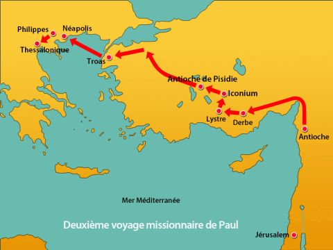 Paul et Silas passèrent par Amphipolis et Apollonie et arrivèrent à Thessalonique. Ils furent invités à demeurer dans la maison d'un homme appelé Jason. – Numéro de diapositive 1