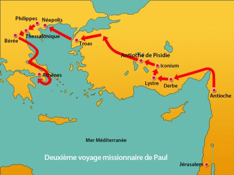 Alors les nouveaux chrétiens firent aussitôt partir Paul du côté de la mer, tandis que Silas et Timothée restaient à Bérée. Ceux qui accompagnaient Paul le conduisirent jusqu'à Athènes. Puis ils repartirent, chargés de transmettre à Silas et à Timothée l'ordre de le rejoindre au plus tôt. – Numéro de diapositive 11