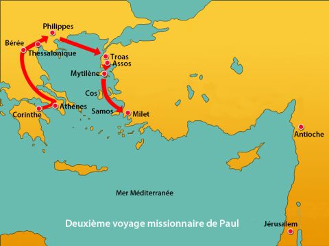 Paul et ses compagnons se rendirent par voie terrestre à Assos, où ils montèrent à bord d'un navire pour Mitylène. Le lendemain, ils naviguèrent en face de l'île de Kios. Le surlendemain, ils passèrent par l'île de Samos, et un jour plus tard, ils arrivèrent à Milet. – Numéro de diapositive 14