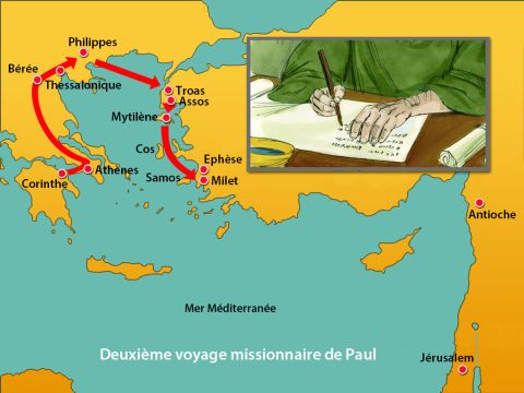 Paul avait décidé de passer au large d'Ephèse sans s'y arrêter afin de ne pas perdre de temps en Asie; il se dépêchait en effet pour être, si possible, le jour de la Pentecôte à Jérusalem. Cependant, de Milet, il envoya chercher à Ephèse les anciens de l'Eglise pour qu'ils viennent vers lui et se rencontrent. – Numéro de diapositive 15