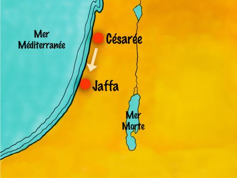Jaffa se trouvait à environ 48 kilomètres plus bas, sur la côte. Les messagers s'arrêtèrent pour se reposer pendant la nuit et poursuivirent leur voyage le lendemain. Pendant ce temps, Pierre se reposait sur le toit de la maison de Simon à midi lorsqu’il tomba en extase. – Numéro de diapositive 6