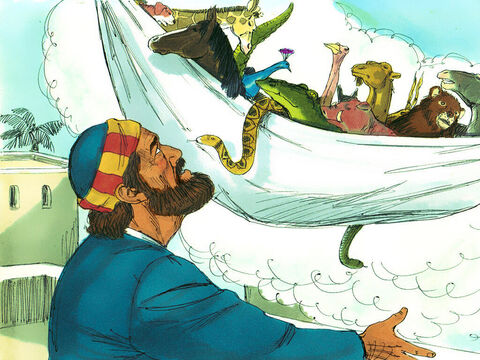 Pierre vit le ciel ouvert et un grand drap abaissé jusqu'au sol par ses coins. Le drap était rempli d’animaux, de reptiles et d’oiseaux que les Juifs considéraient comme impurs et qu’ils ne voulaient pas manger. Une voix lui ordonna: «Lève-toi, Pierre. Tue et mange.» «Sûrement pas, Seigneur!» répondit Pierre. «Je n’ai jamais rien mangé d’impur ou de souillé.» – Numéro de diapositive 7